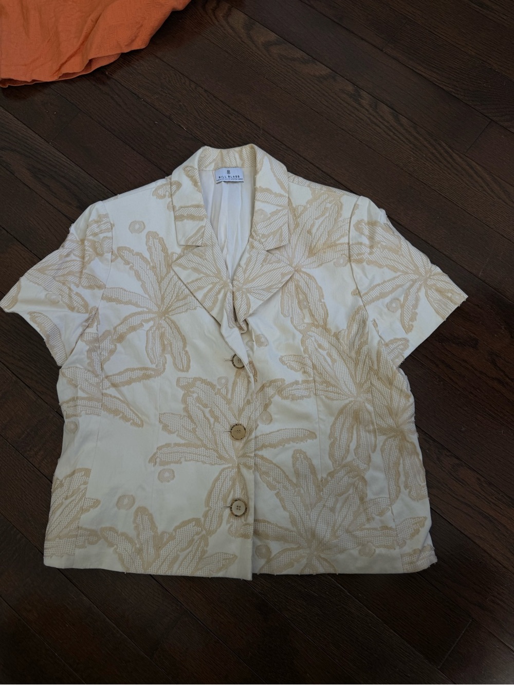 Vintage Bill Blass Cream and Beige Tropical Print Short Sleeve Blouse & Dress